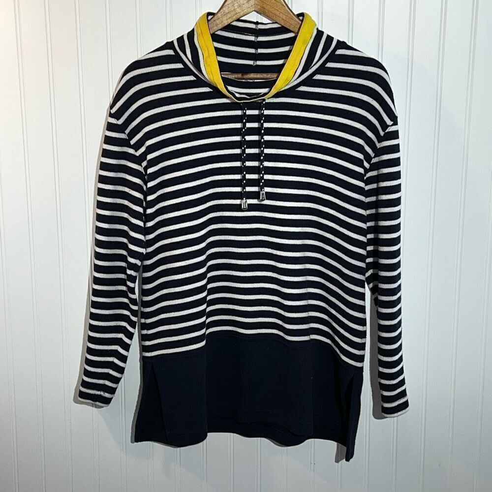 Norton Studio Stripped Sweater Women Medium Blue White Tie Neck Nautical Coastal
